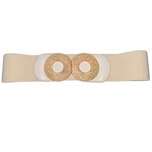 Women's Beige Elastic Waist Stretch Vegan Faux Leather Belt Gold Buckle